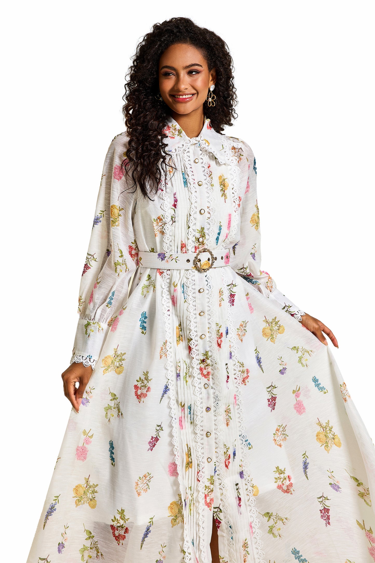 Floral Lace Lantern Sleeve Midi Dress
