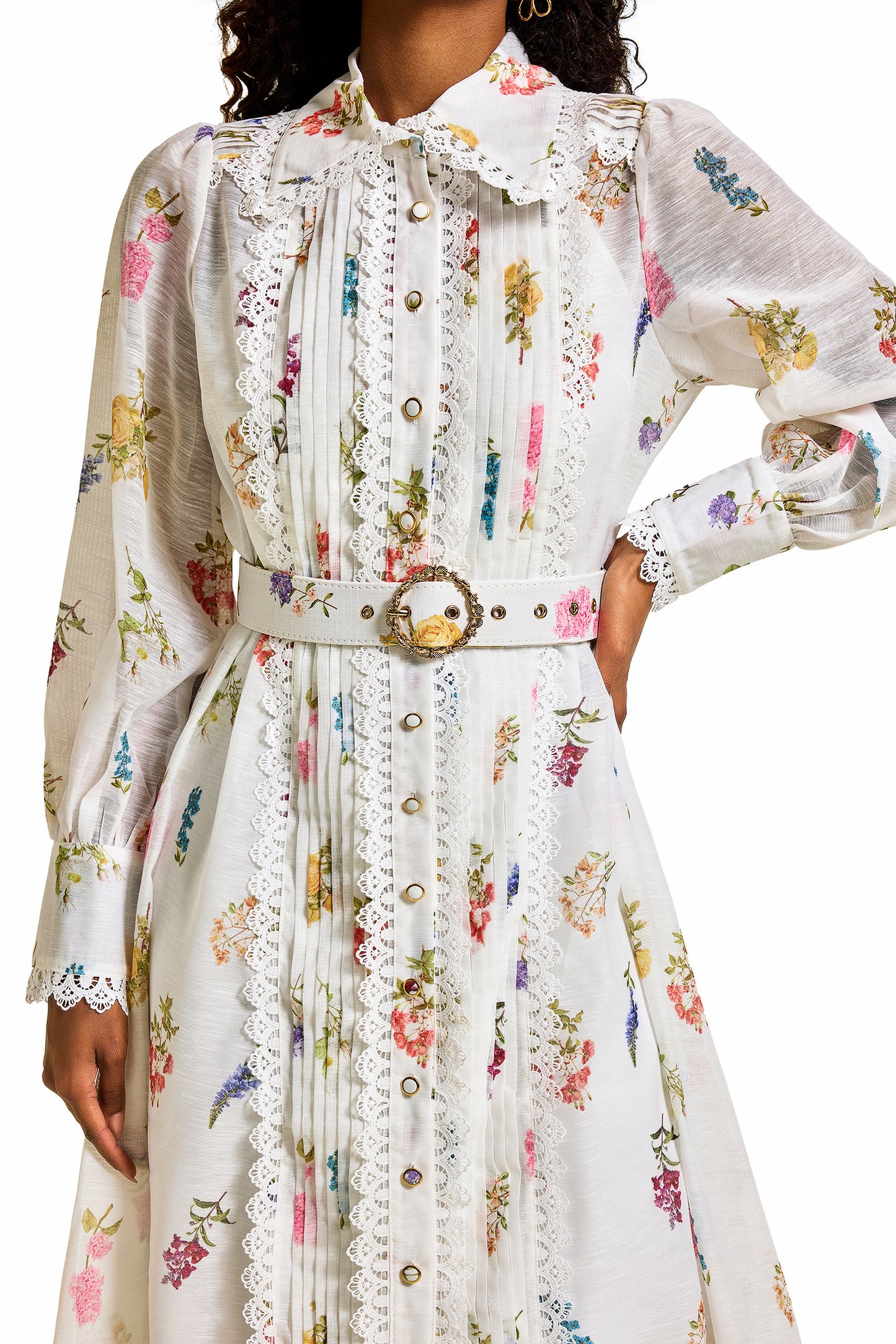 Floral Lace Lantern Sleeve Midi Dress