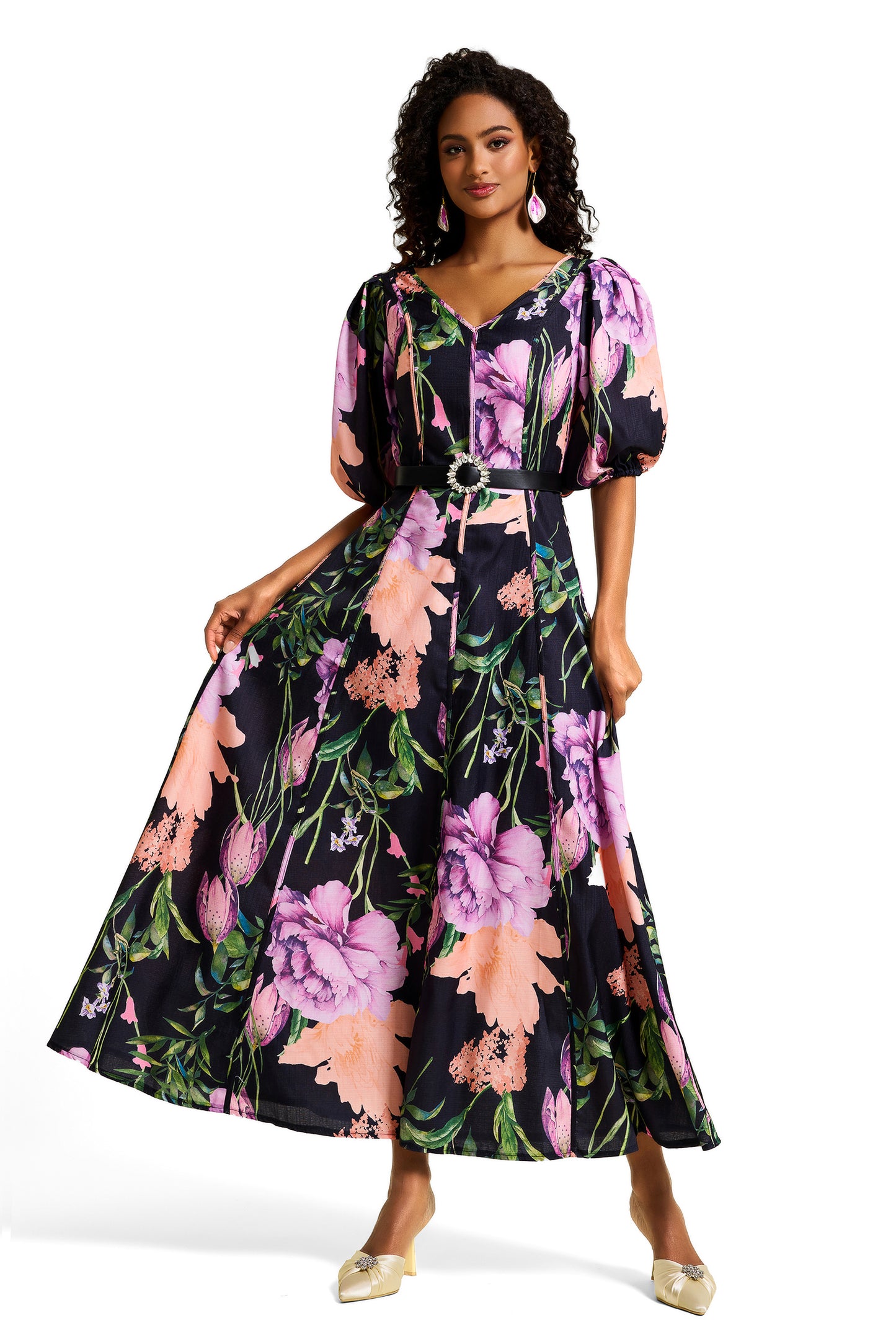 Floral V-Neck Midi Dress With Belt