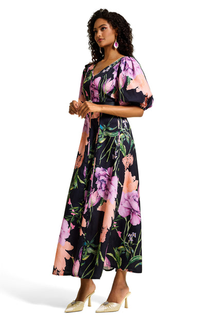 Floral V-Neck Midi Dress With Belt