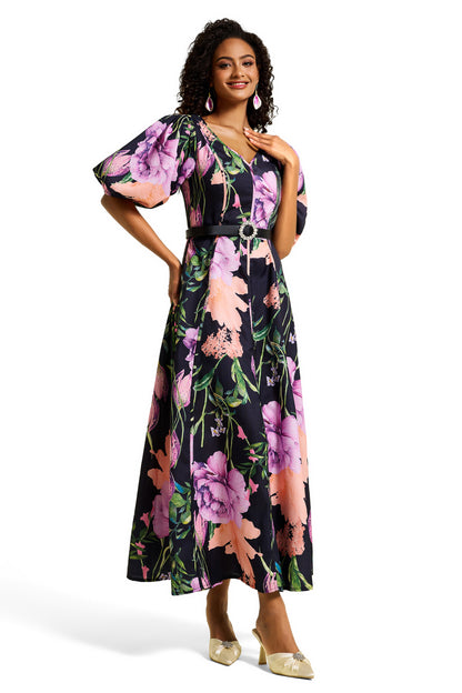 Floral V-Neck Midi Dress With Belt