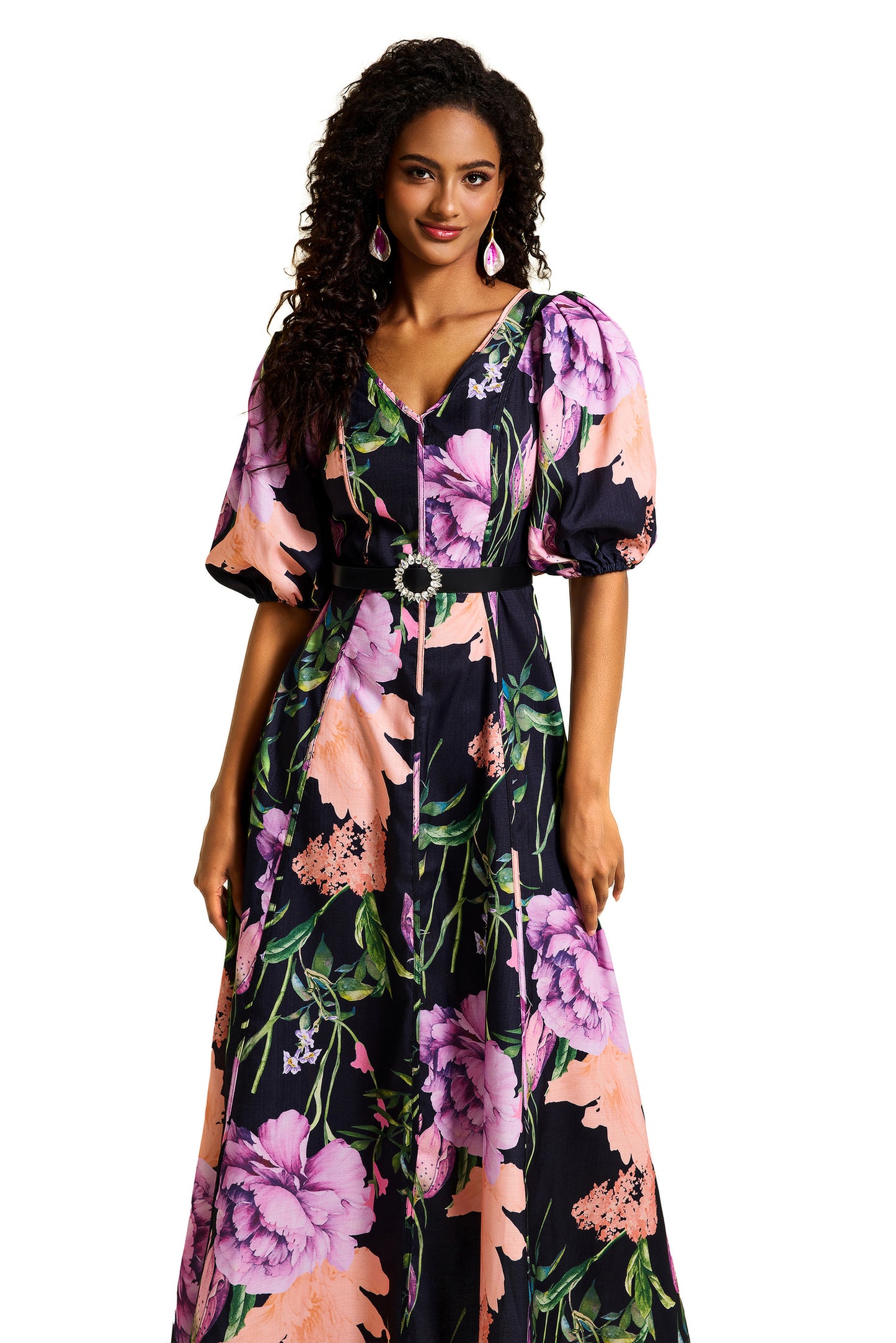 Floral V-Neck Midi Dress With Belt