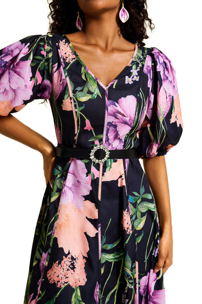 Floral V-Neck Midi Dress With Belt