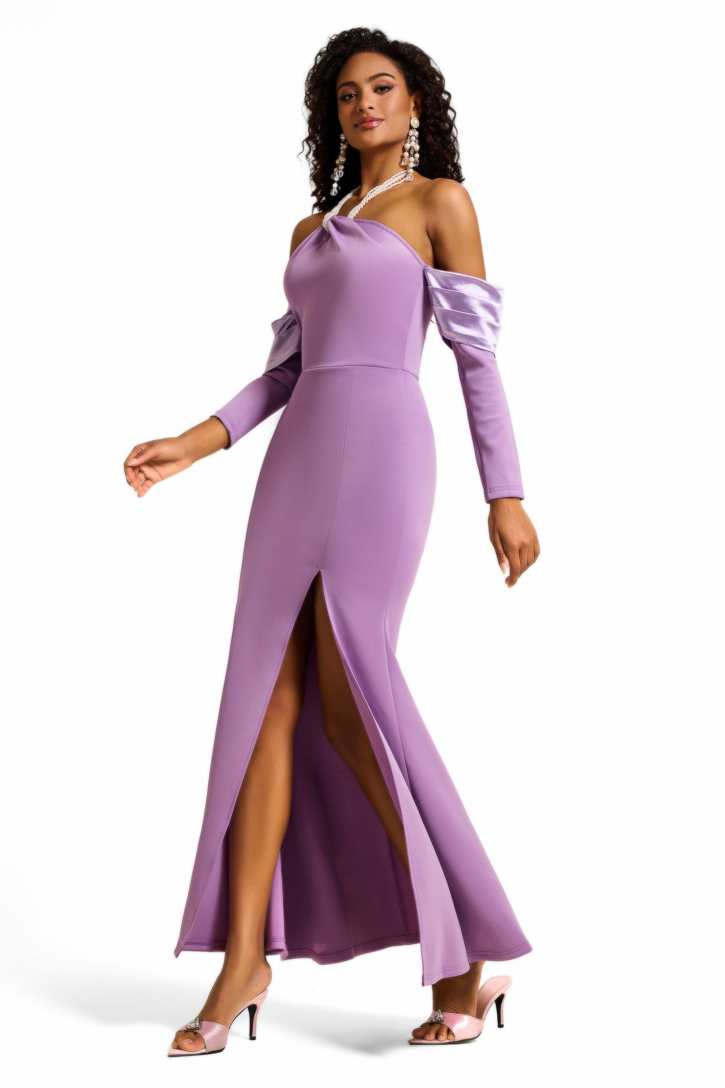 Faux Pearl Halter Neck Off-Shoulder Midi Dress