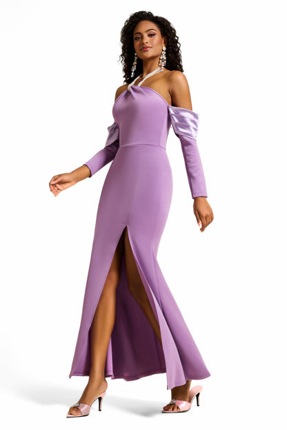 Faux Pearl Halter Neck Off-Shoulder Midi Dress