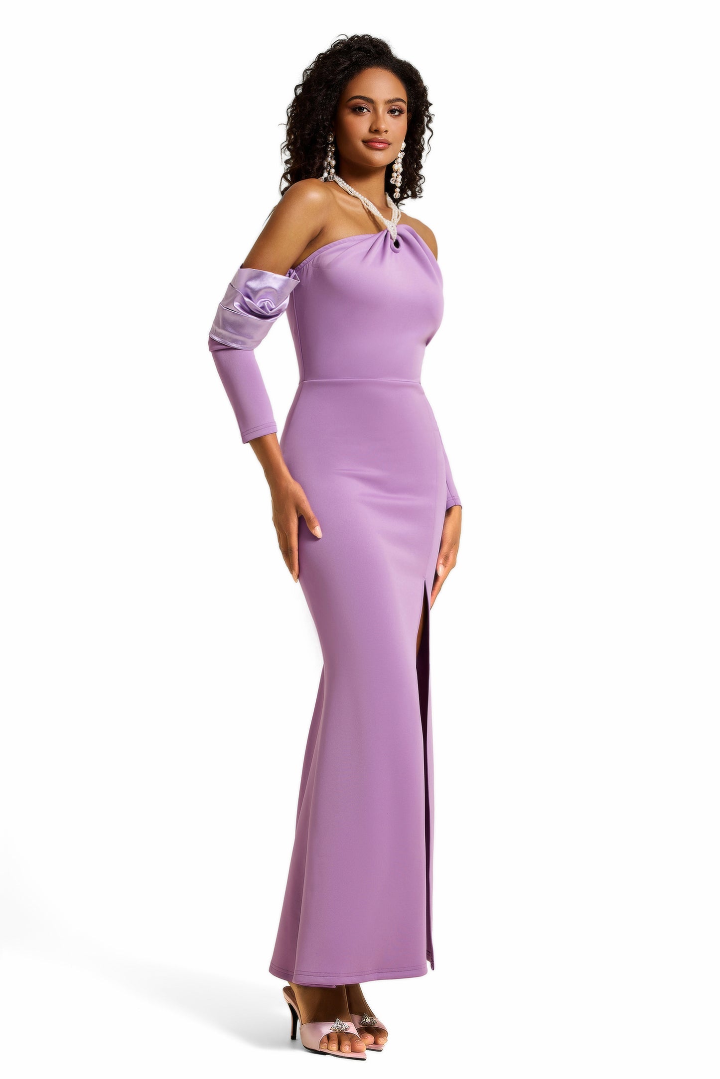 Faux Pearl Halter Neck Off-Shoulder Midi Dress