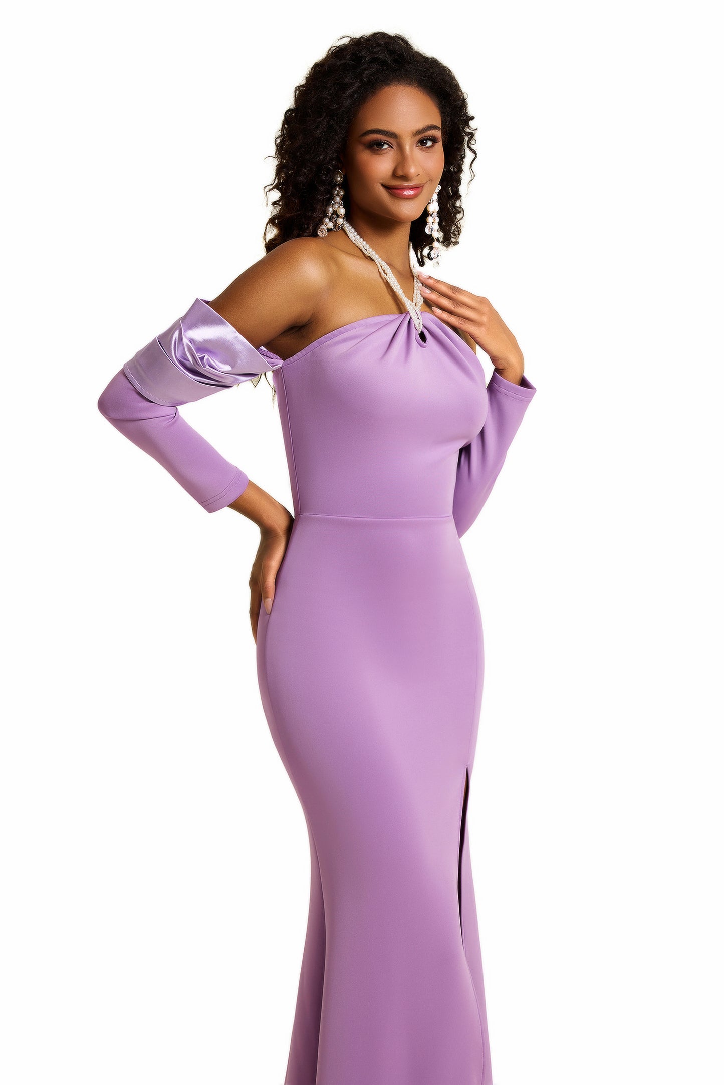 Faux Pearl Halter Neck Off-Shoulder Midi Dress