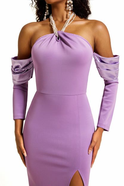 Faux Pearl Halter Neck Off-Shoulder Midi Dress