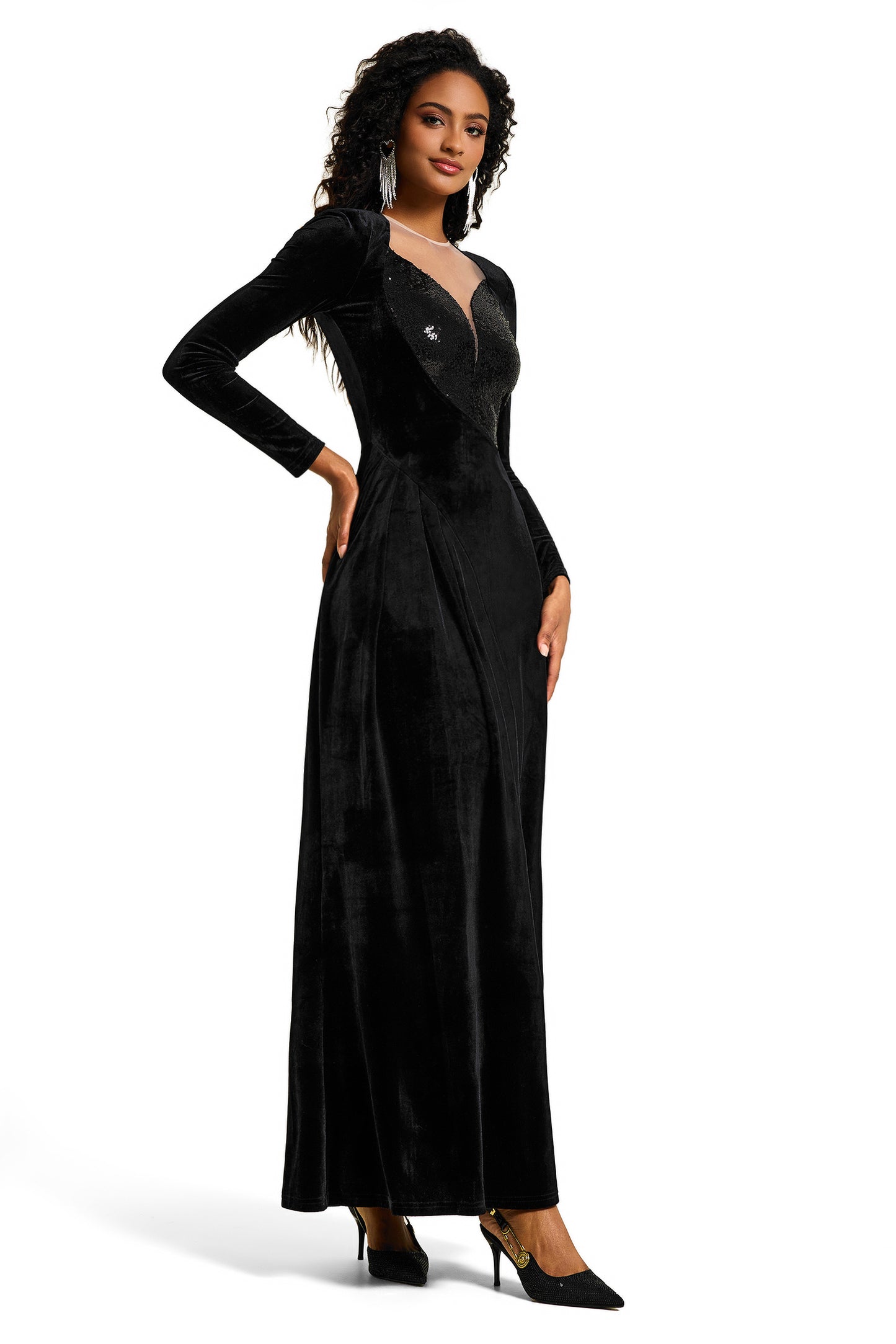 Sequin Velvet Splicing Midi Dress