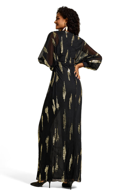 Gold Foil Stamping Slit Long Sleeve Maxi Dress