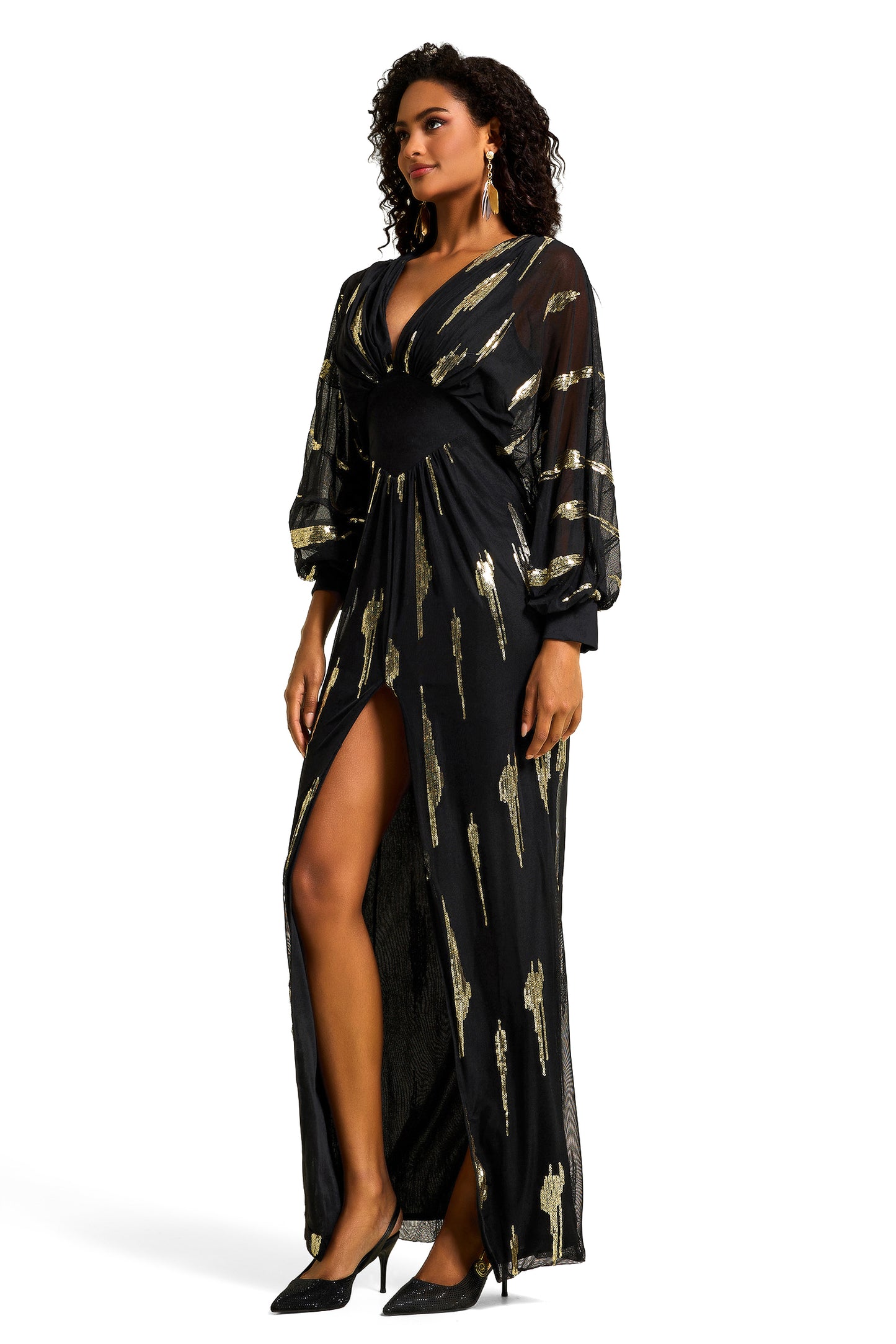 Gold Foil Stamping Slit Long Sleeve Maxi Dress