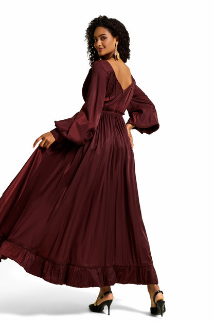 Solid Lantern Sleeve Ruffle Midi Dress
