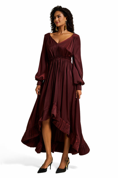 Solid Lantern Sleeve Ruffle Midi Dress