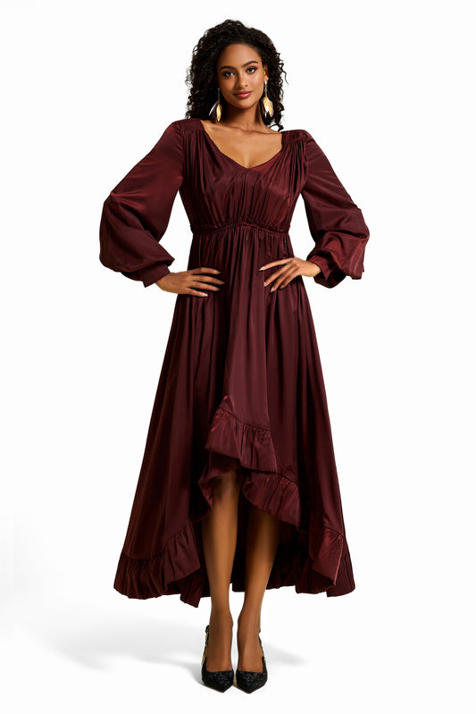 Solid Lantern Sleeve Ruffle Midi Dress