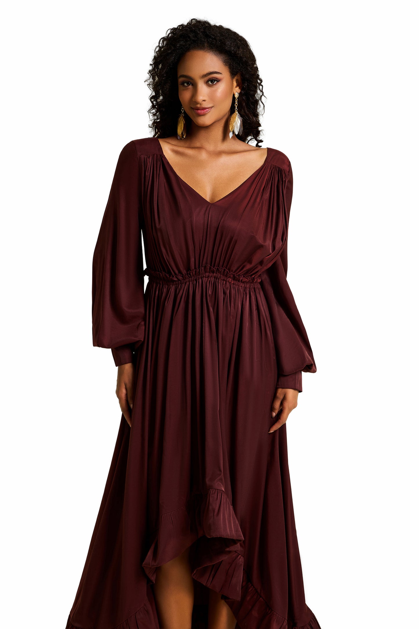 Solid Lantern Sleeve Ruffle Midi Dress