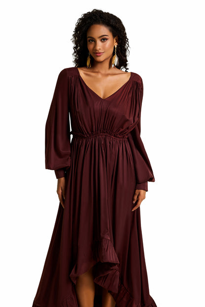 Solid Lantern Sleeve Ruffle Midi Dress