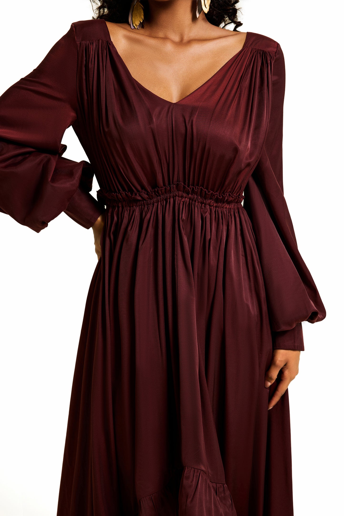 Solid Lantern Sleeve Ruffle Midi Dress