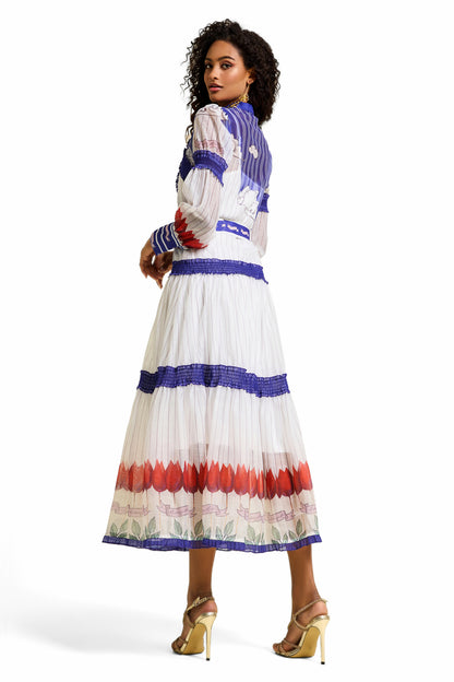 Floral Puff Sleeve Midi Dress With Belt