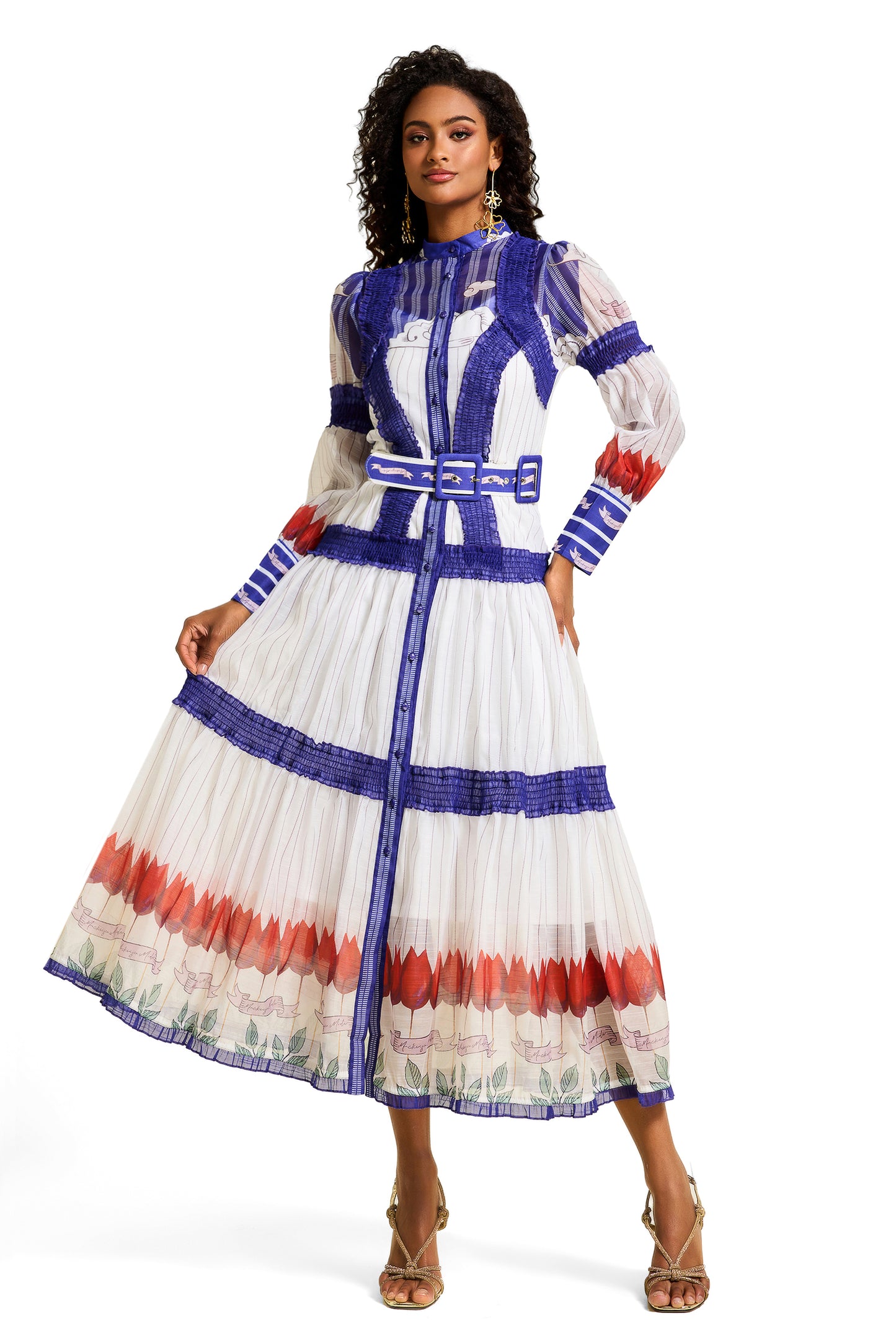 Floral Puff Sleeve Midi Dress With Belt