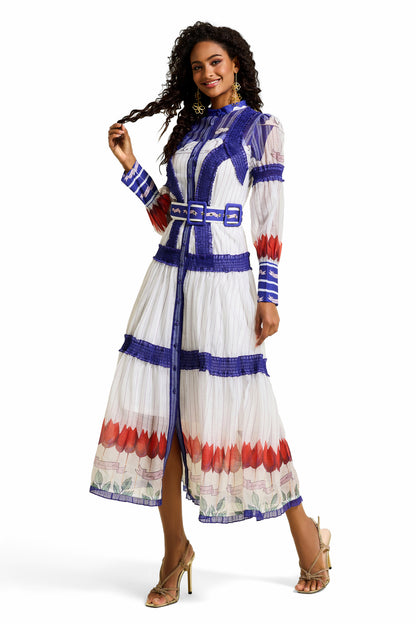 Floral Puff Sleeve Midi Dress With Belt