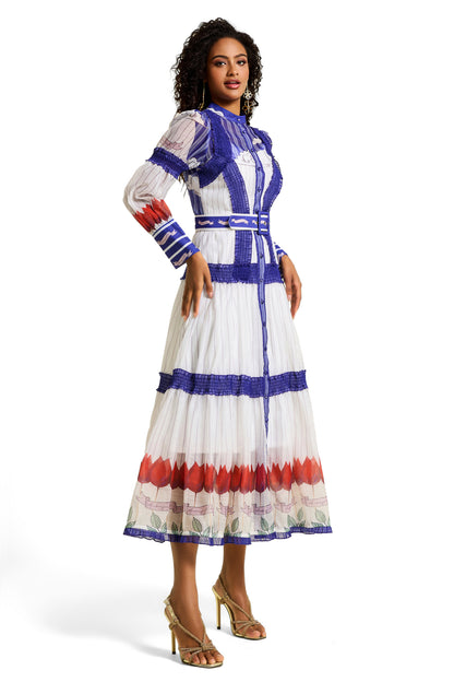 Floral Puff Sleeve Midi Dress With Belt