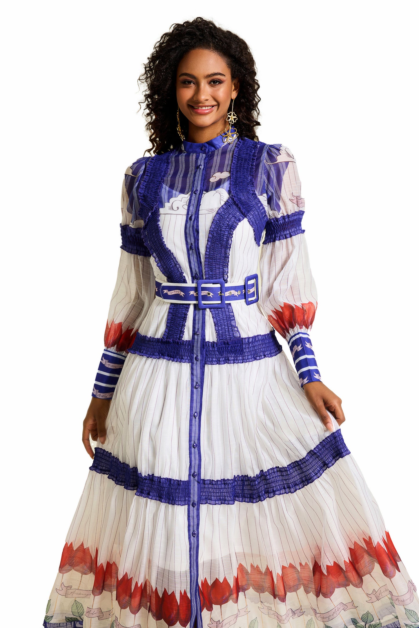 Floral Puff Sleeve Midi Dress With Belt