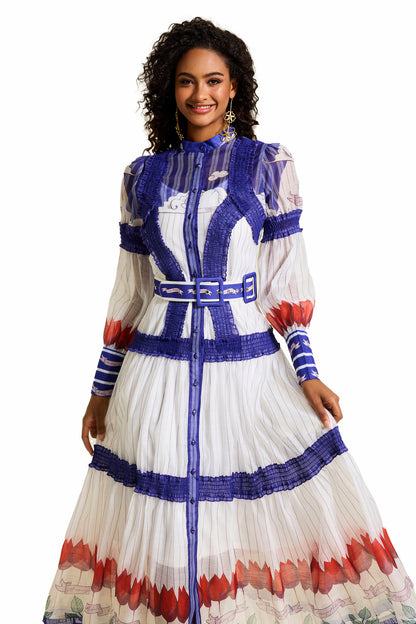 Floral Puff Sleeve Midi Dress With Belt