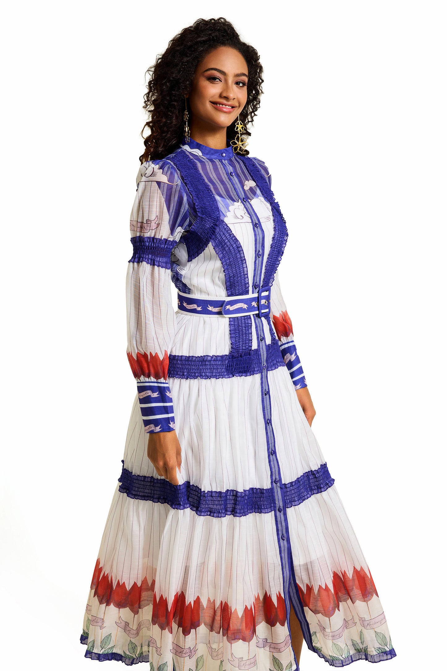 Floral Puff Sleeve Midi Dress With Belt