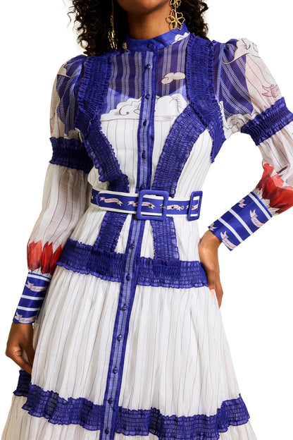 Floral Puff Sleeve Midi Dress With Belt