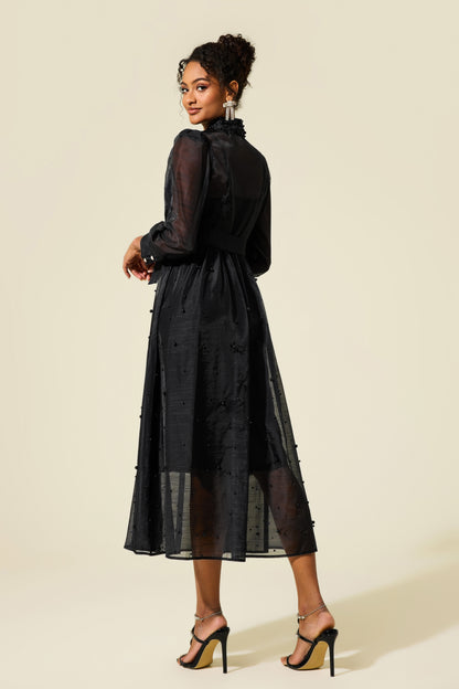 Shirt Collar Faux Pearl Long Sleeve Midi Dress