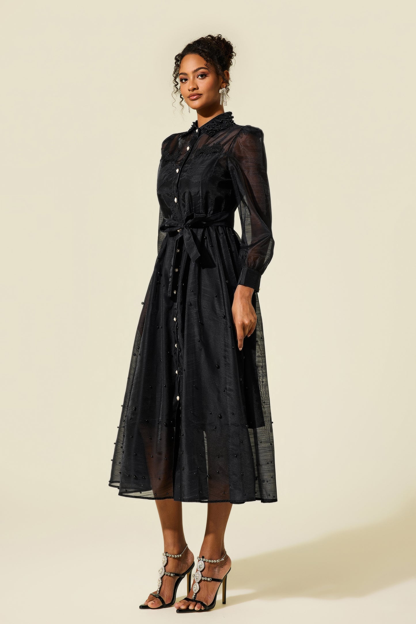 Shirt Collar Faux Pearl Long Sleeve Midi Dress