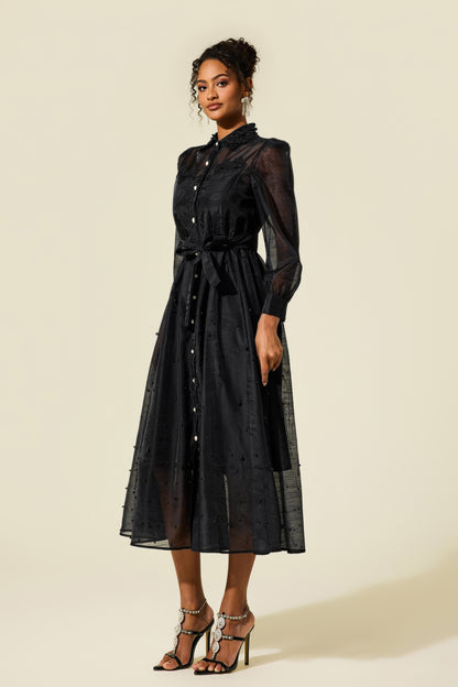 Shirt Collar Faux Pearl Long Sleeve Midi Dress
