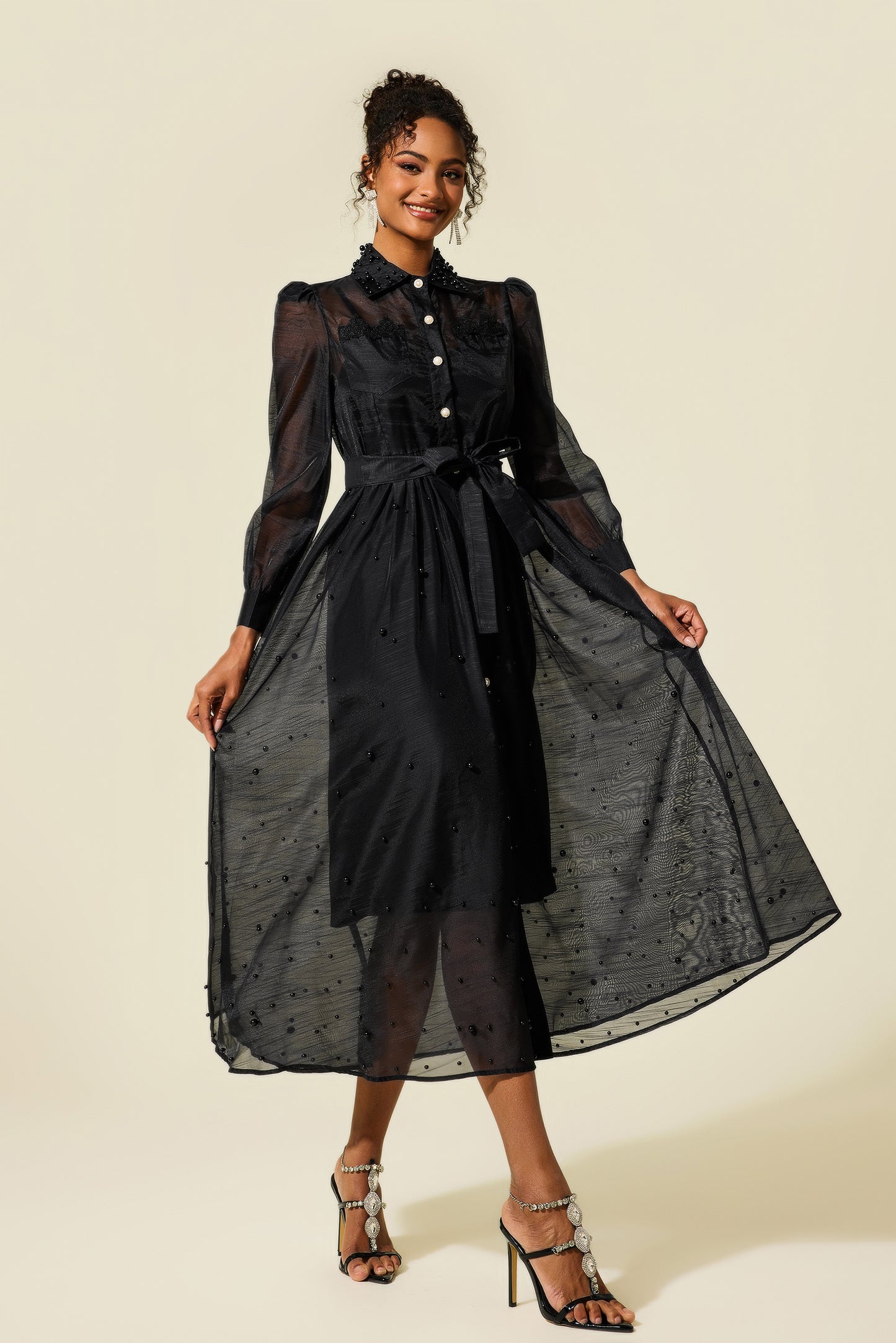 Shirt Collar Faux Pearl Long Sleeve Midi Dress
