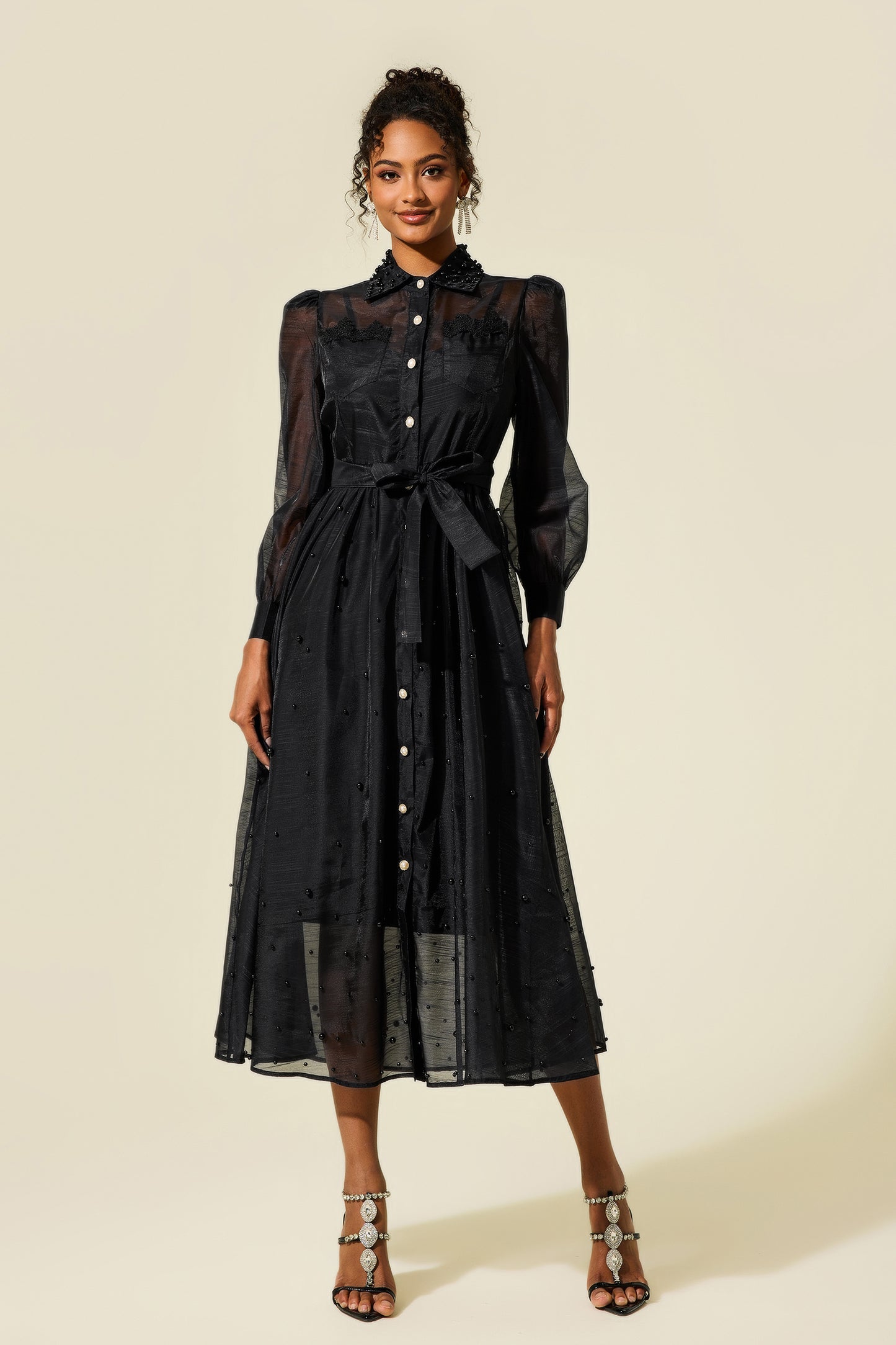Shirt Collar Faux Pearl Long Sleeve Midi Dress