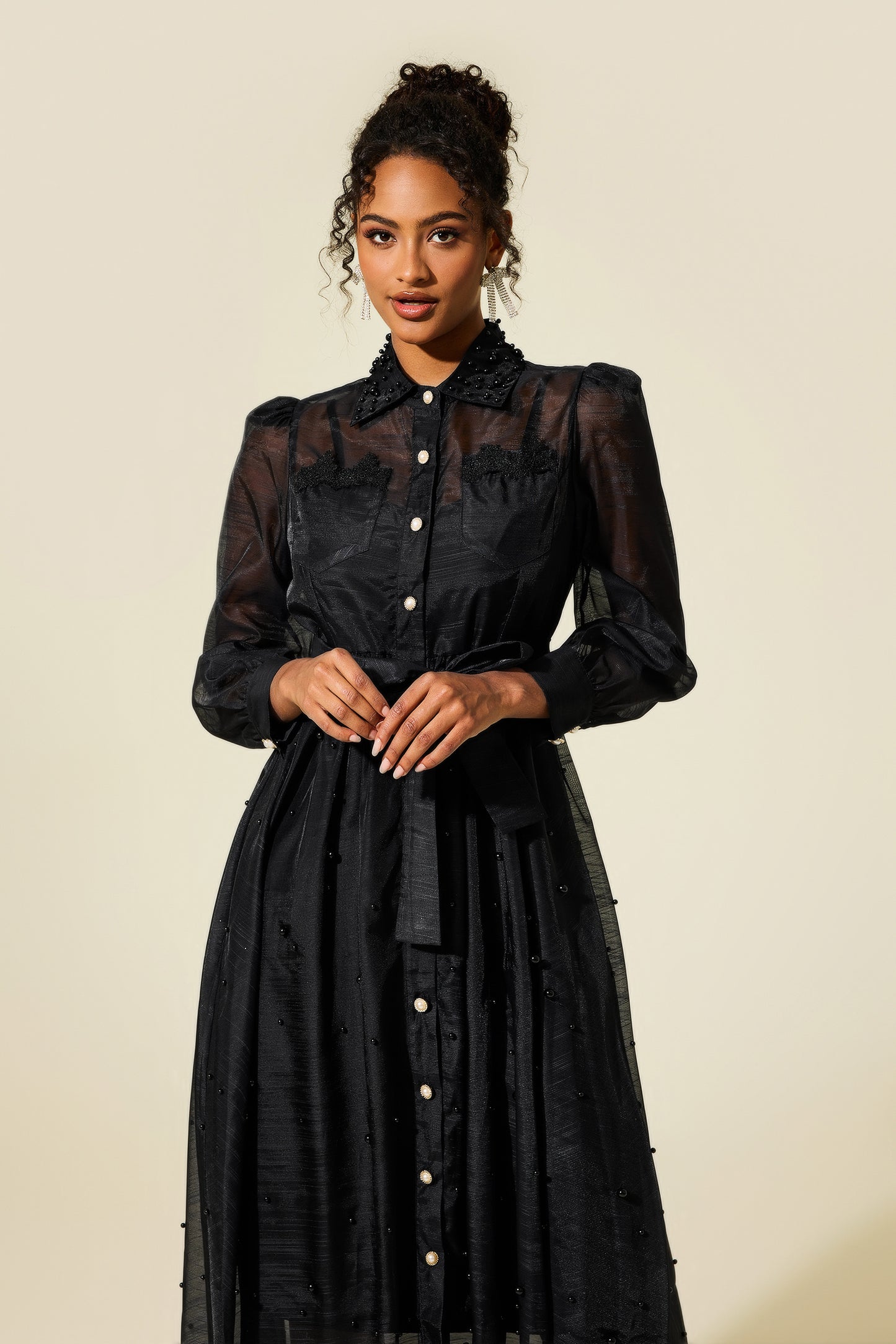 Shirt Collar Faux Pearl Long Sleeve Midi Dress
