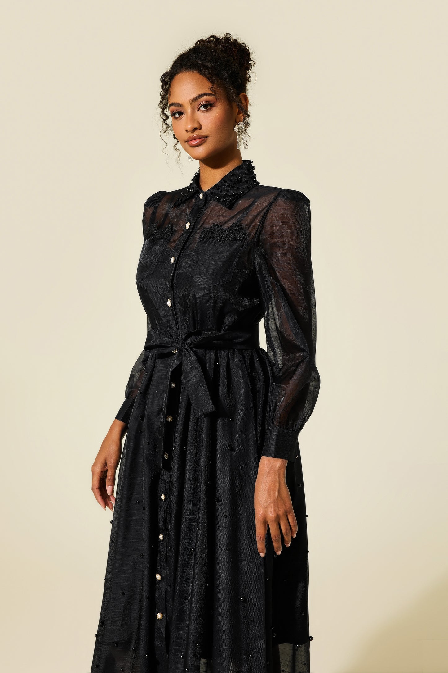 Shirt Collar Faux Pearl Long Sleeve Midi Dress