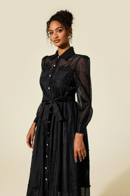 Shirt Collar Faux Pearl Long Sleeve Midi Dress
