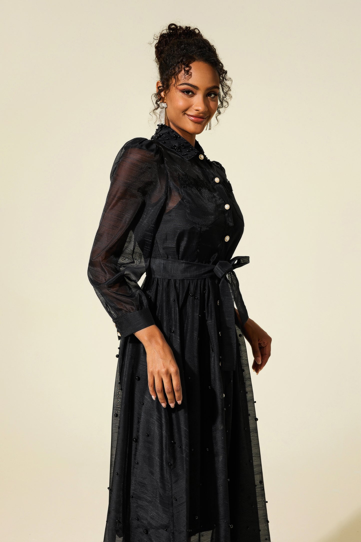 Shirt Collar Faux Pearl Long Sleeve Midi Dress