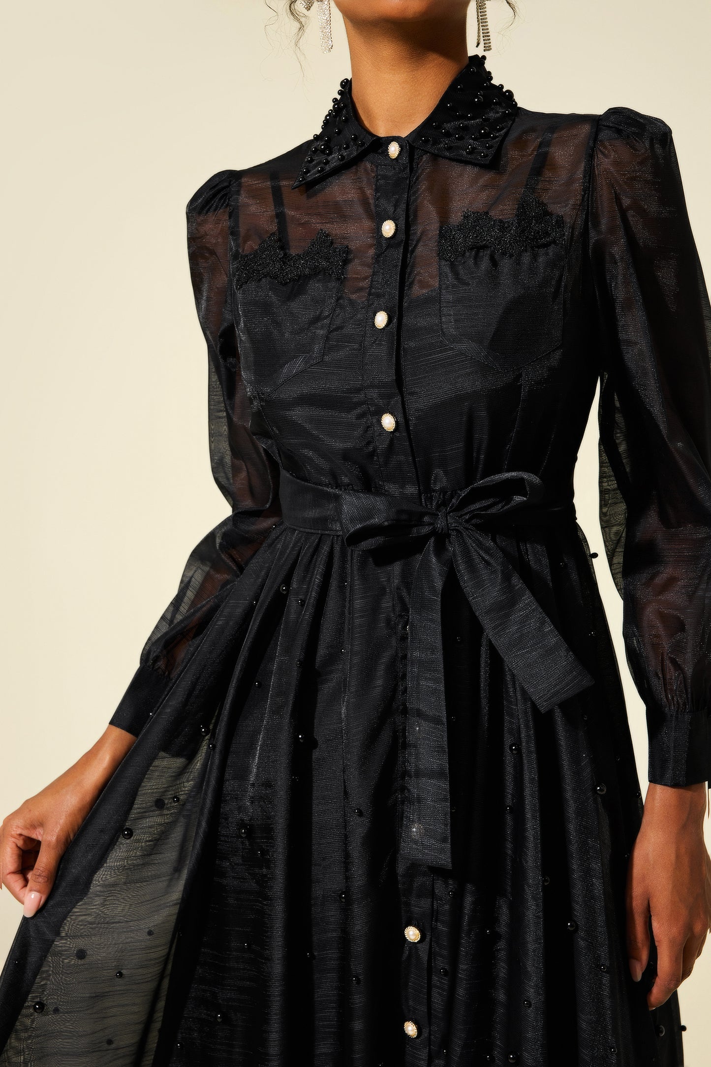 Shirt Collar Faux Pearl Long Sleeve Midi Dress