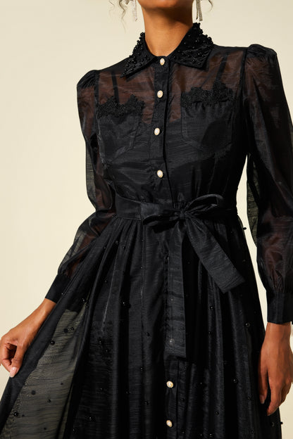 Shirt Collar Faux Pearl Long Sleeve Midi Dress