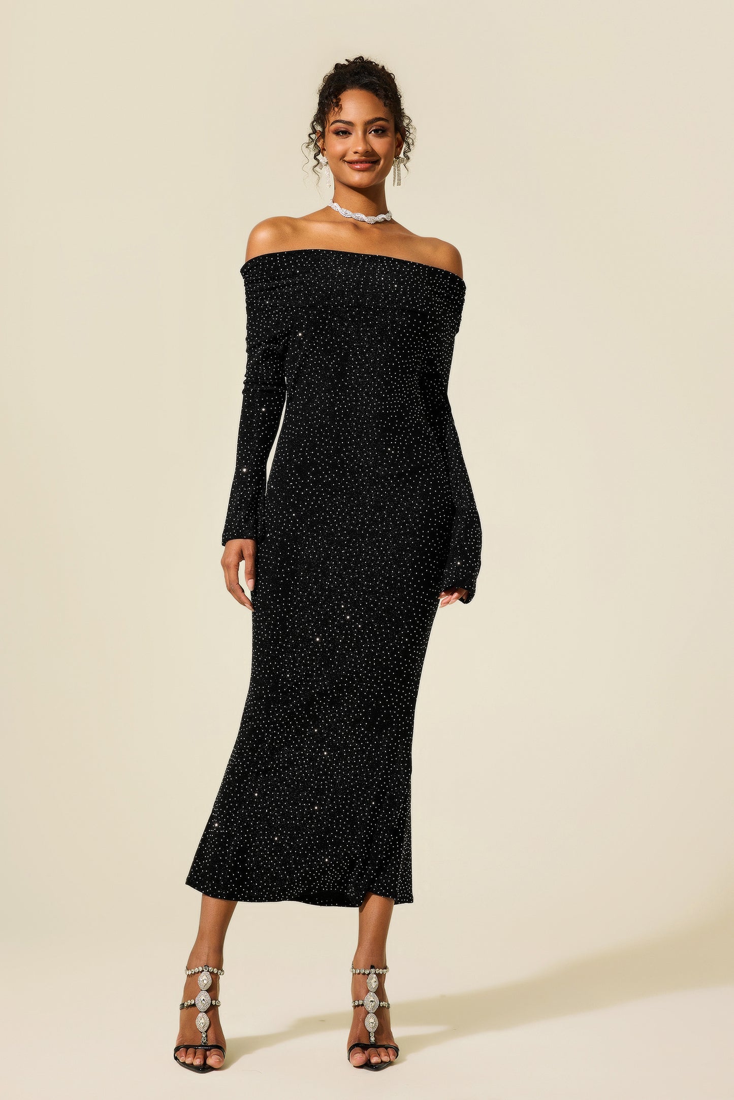 Rhinestone Off-Shoulder Midi Dress