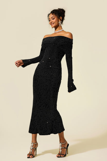 Rhinestone Off-Shoulder Midi Dress