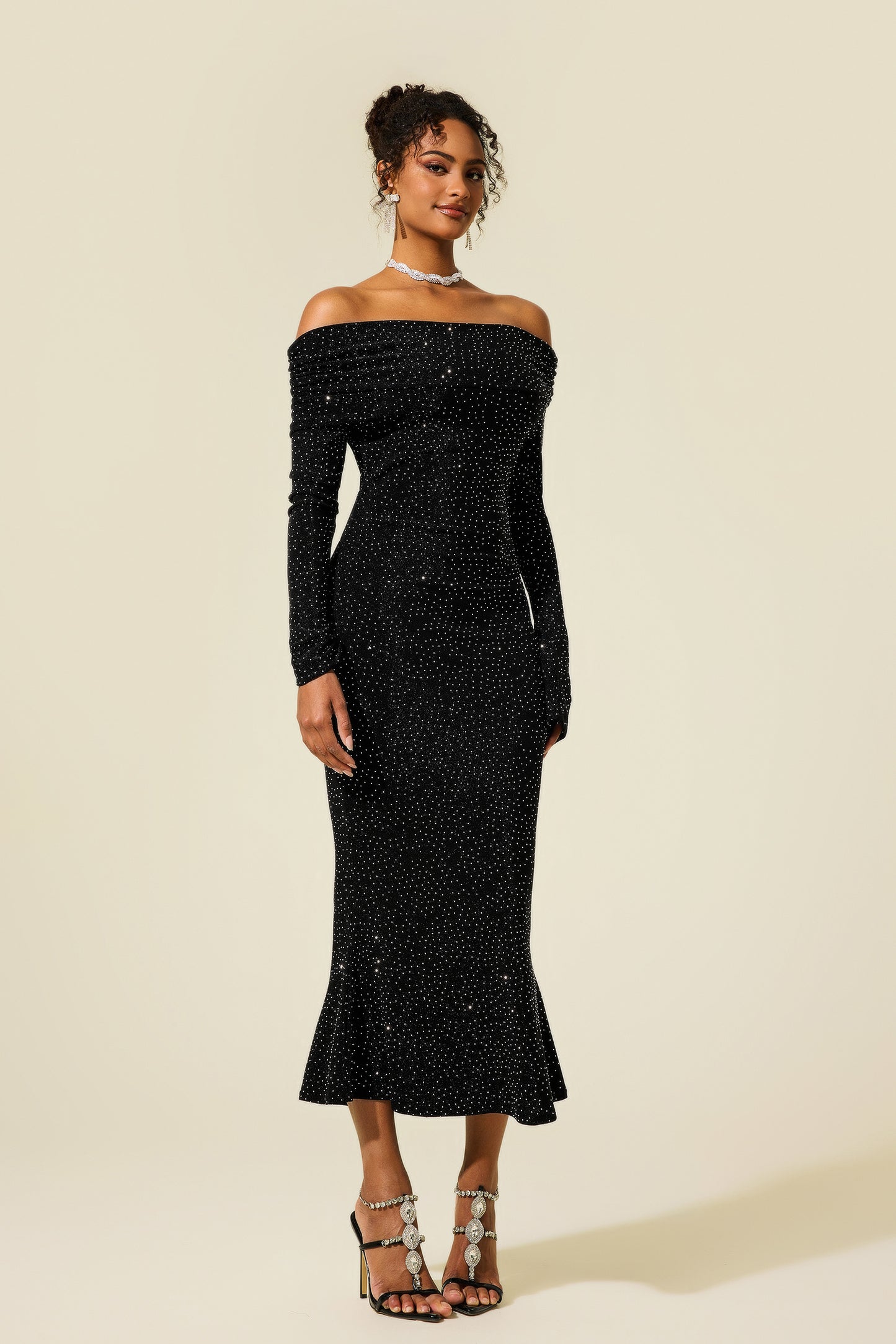 Rhinestone Off-Shoulder Midi Dress