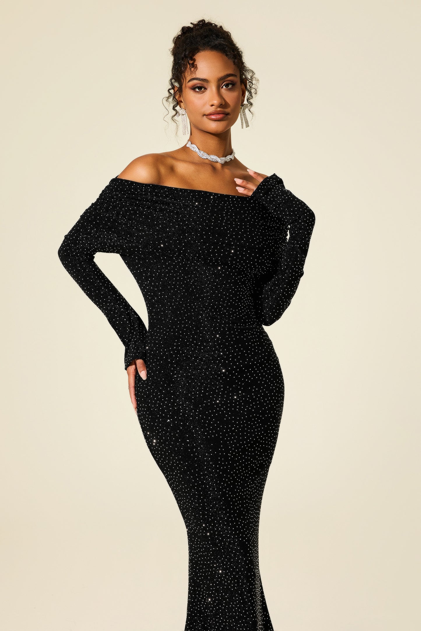 Rhinestone Off-Shoulder Midi Dress