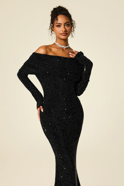 Rhinestone Off-Shoulder Midi Dress