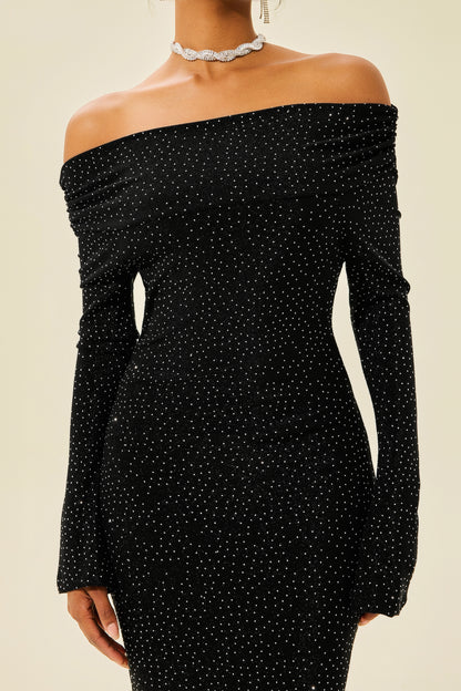 Rhinestone Off-Shoulder Midi Dress