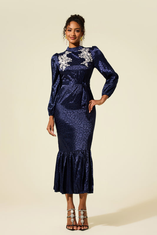 Embroidered Leopard Print Midi Dress