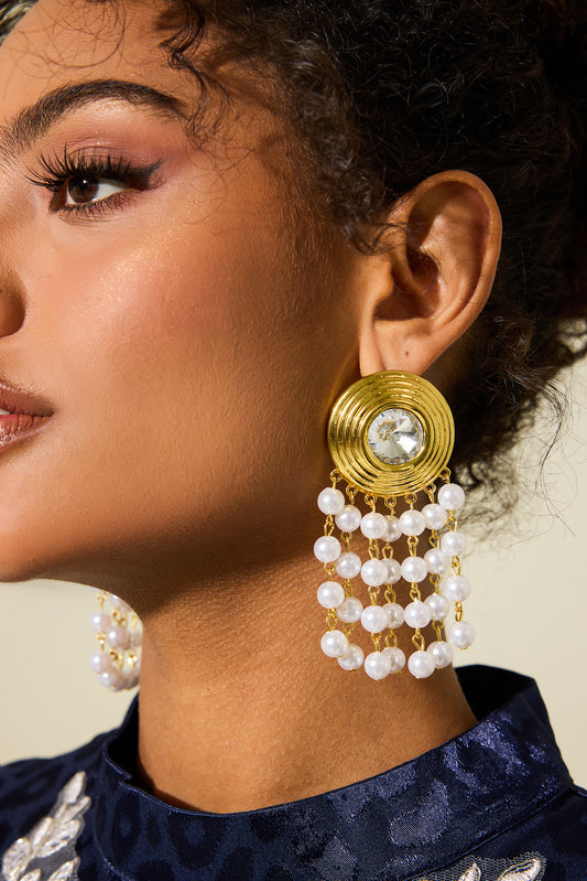 Faux Pearl Faux Diamond Tassel Drop Earrings