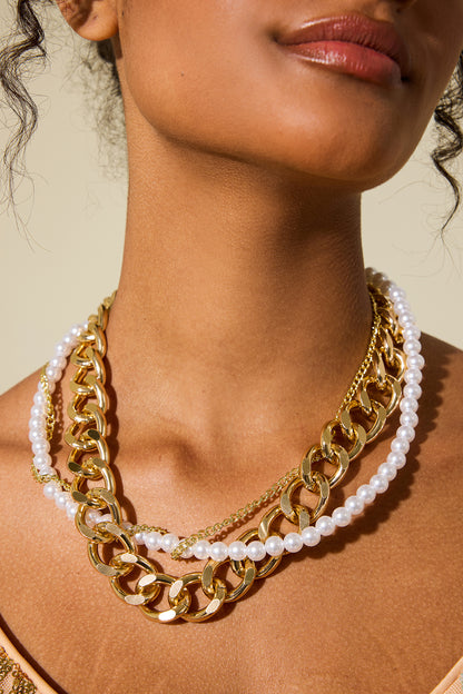 Faux Pearl Metal Chain Multi-Layered Necklace