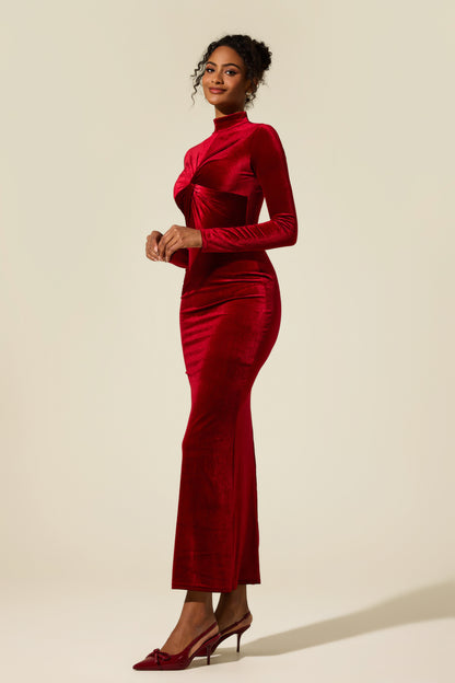 Solid Velvet Knotted Midi Dress